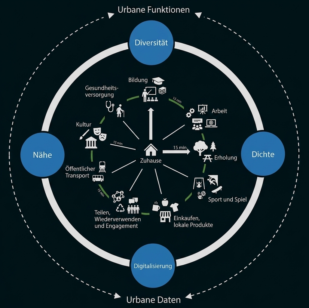 Schematische Infografik einer Stadt mit zentralem Zuhause, 15‑Minuten‑Radius und Icons für Bildung, Arbeit, Erholung, Transport.